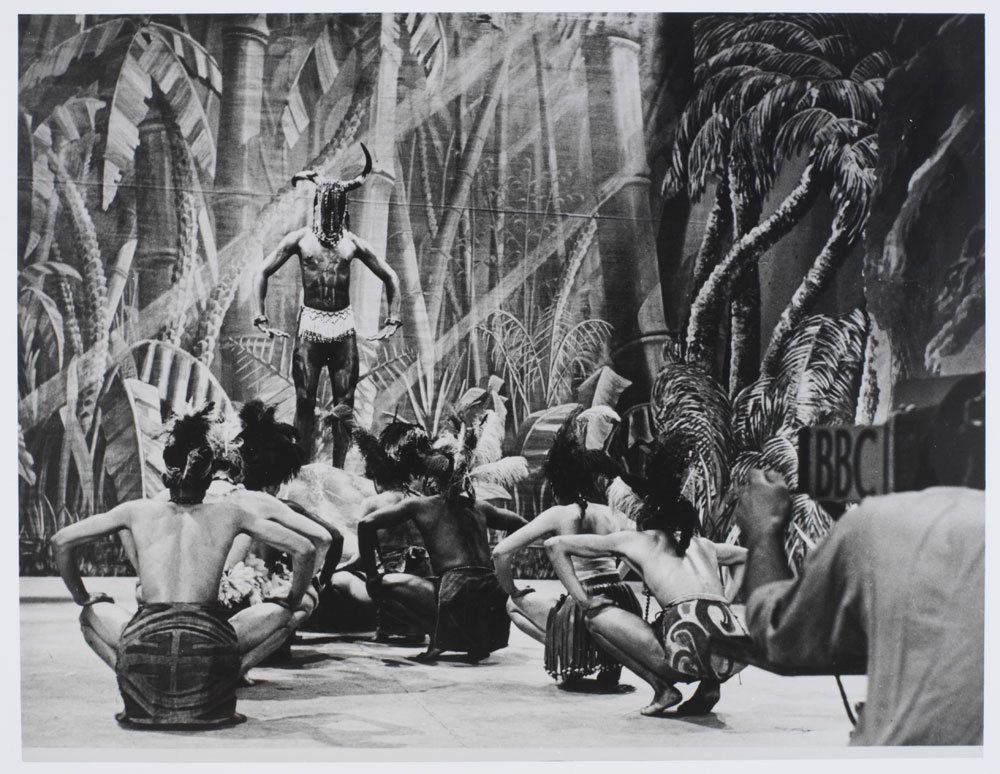 Black and white photograph of dancers on stage in Les Ballet Negres