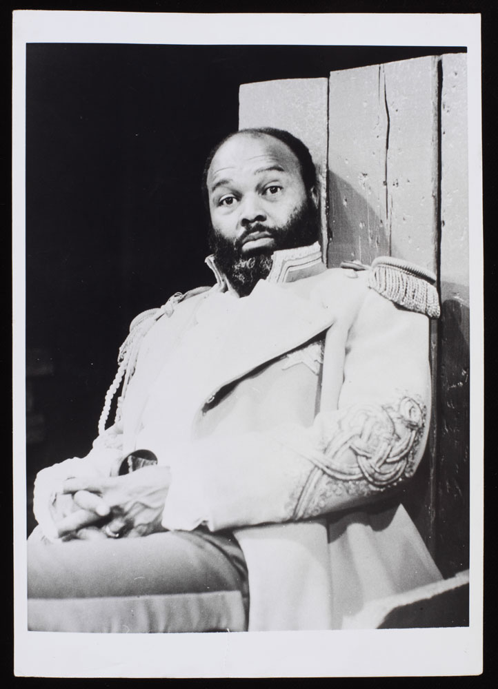 Black and white photograph of Thomas Baptiste on stage as The Emperor Jones