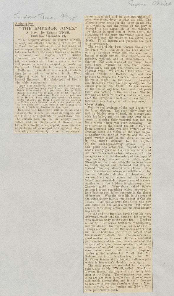 Newspaper article reviewing The Emperor Jones 