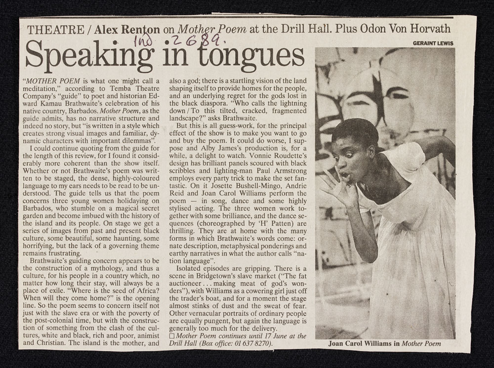 Speaking in Tongues': a newspaper article reviewing Mother Poem 