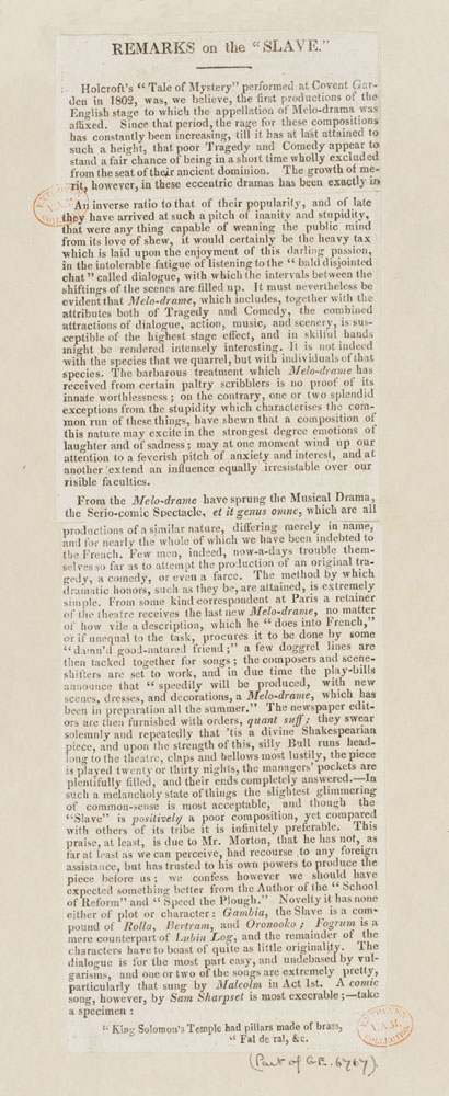 Remarks of the Slave': a newspaper article reviewing The Slave