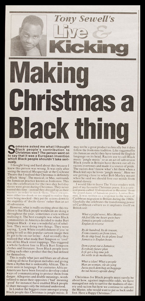 Making Chistmas a Black thing': an article from The Voice on Maskarade