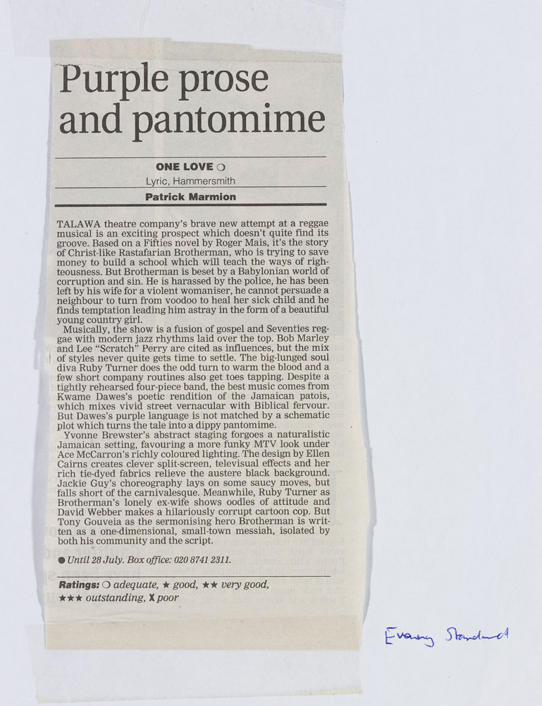 Purple prose and pantomime': an article from Evening Standard for One Love at Lyric Theatre, Hammersmith