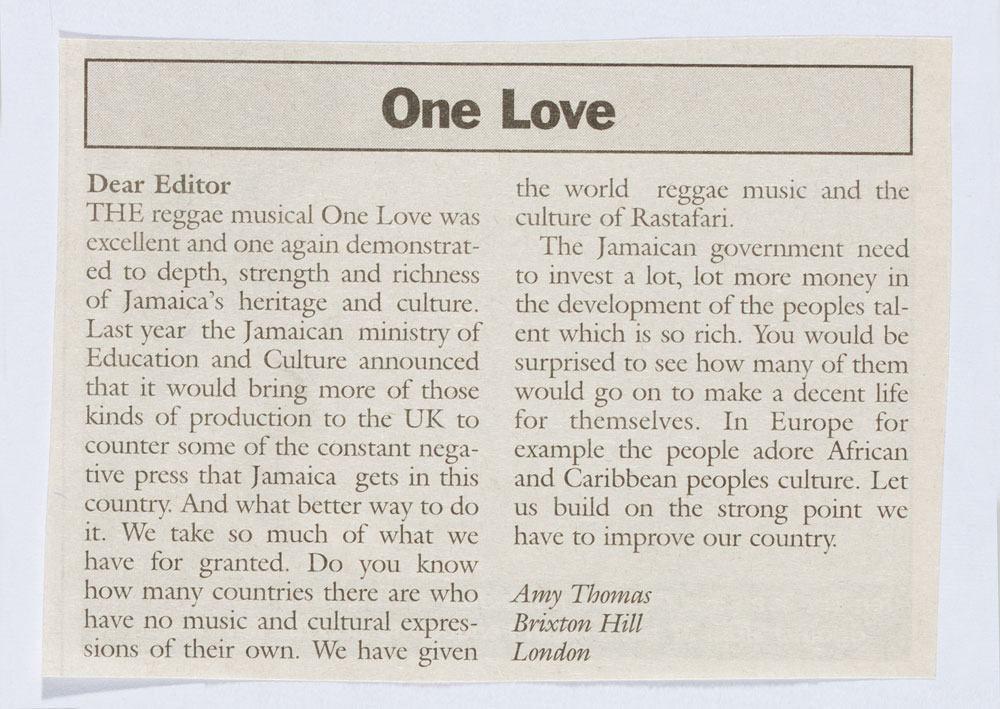 Letter to The Weekly Gleaner about One Love at Lyric Theatre Hammersmith