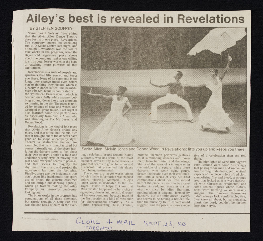 Article from Toronto Globe and Mail about Alvin Ailey