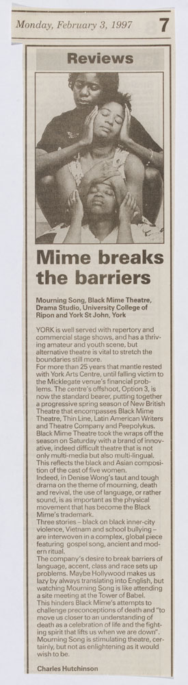 Mime breaks the barriers': an article from Yorkshire Evening Post about Mourning Song