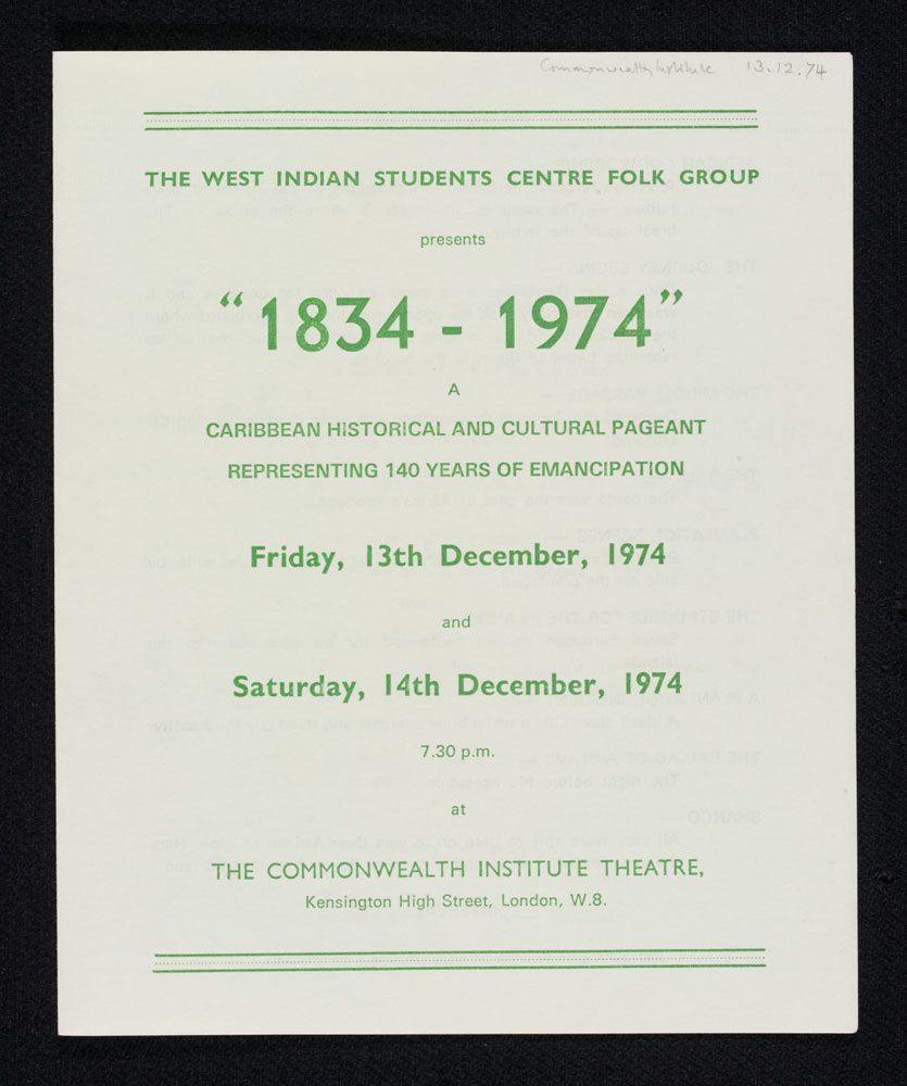 Leaflet by West Indian Students Centre Folk Group for 1834-1974 (140 years of emancipation)